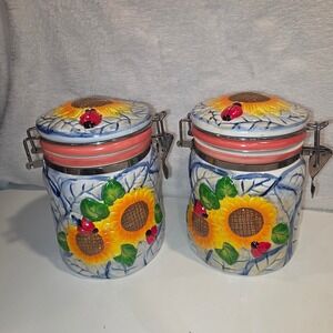 WCL Sunflower Ladybug Ceramic Canister Set of 2 Farmhouse Kitchen Jars